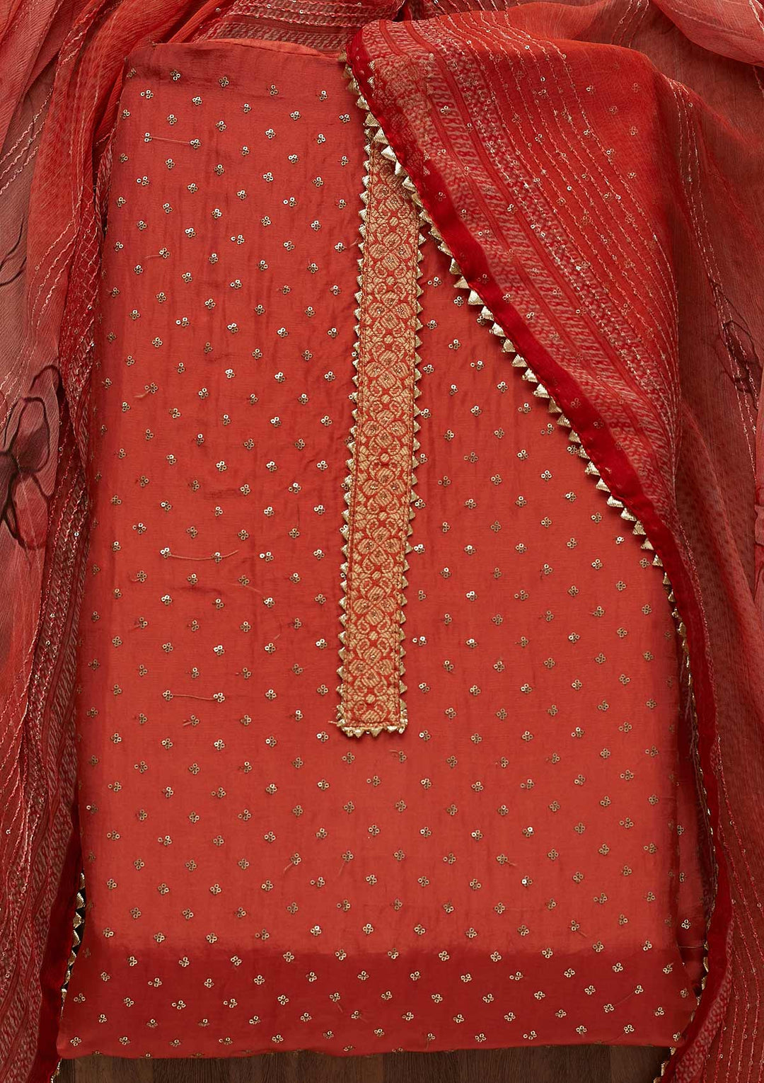 Rust Zariwork Semi Crepe Unstitched Salwar Suit-Koskii