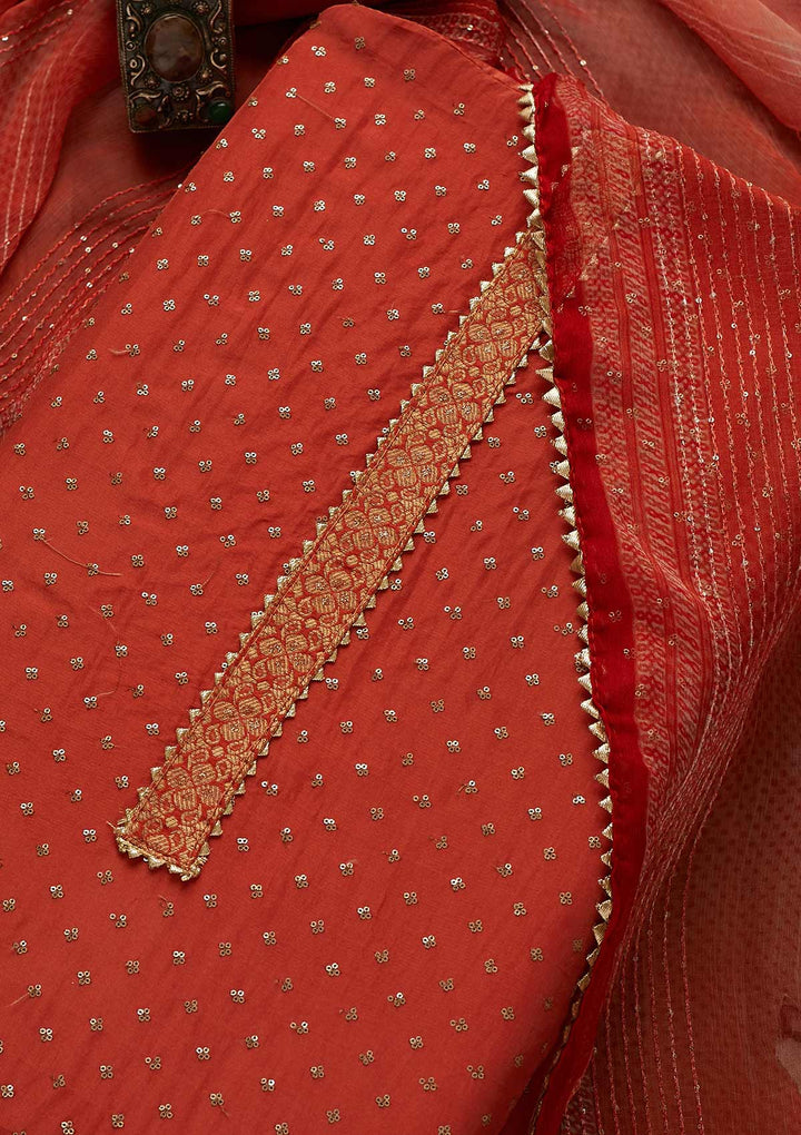 Rust Zariwork Semi Crepe Unstitched Salwar Suit-Koskii