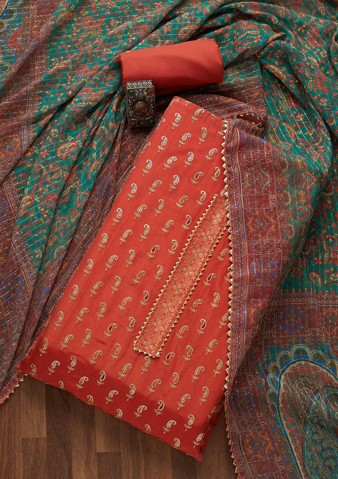 Rust Zariwork Semi Crepe Unstitched Salwar Suit-Koskii