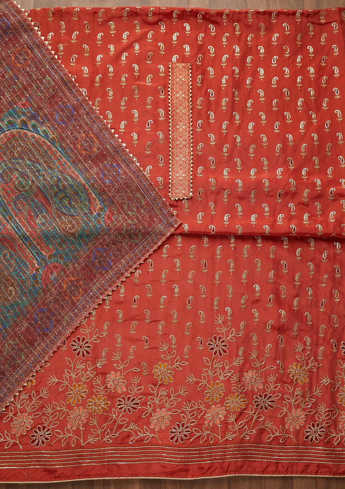 Rust Zariwork Semi Crepe Unstitched Salwar Suit-Koskii