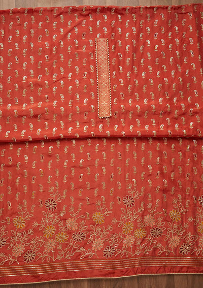 Rust Zariwork Semi Crepe Unstitched Salwar Suit-Koskii