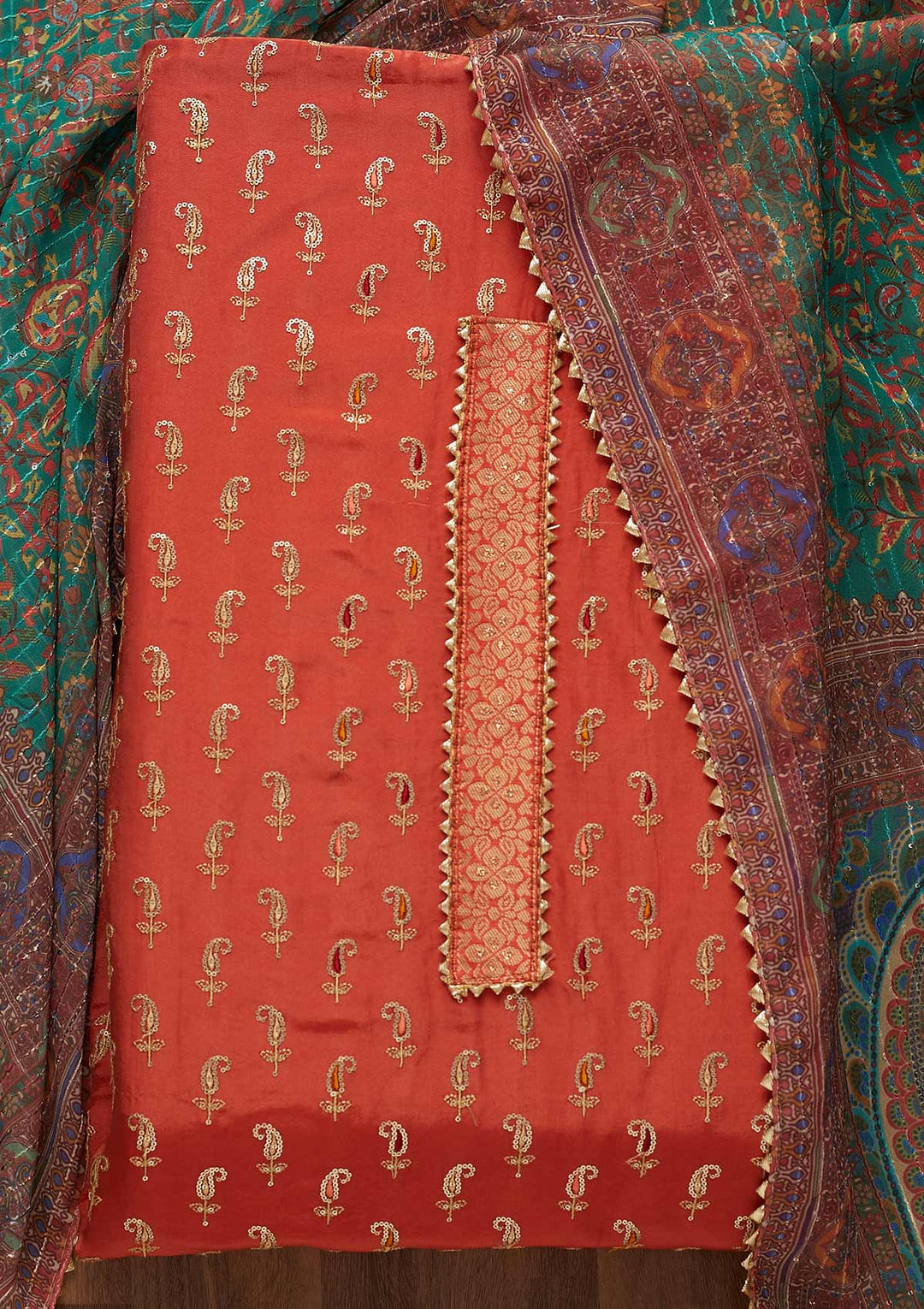 Rust Zariwork Semi Crepe Unstitched Salwar Suit-Koskii