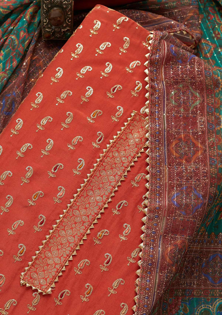 Rust Zariwork Semi Crepe Unstitched Salwar Suit-Koskii