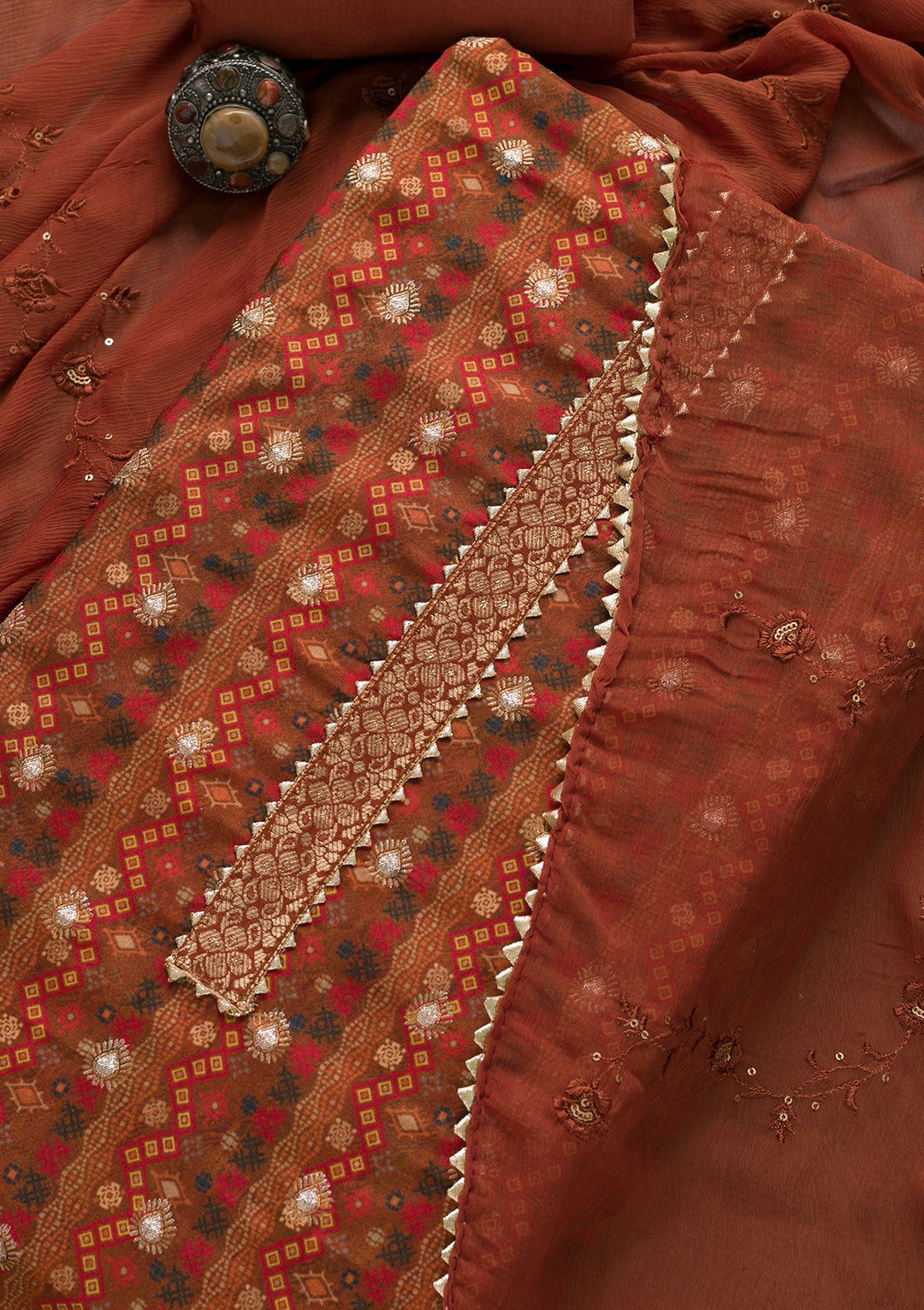 Rust Zariwork Semi Crepe Unstitched Salwar Suit-Koskii