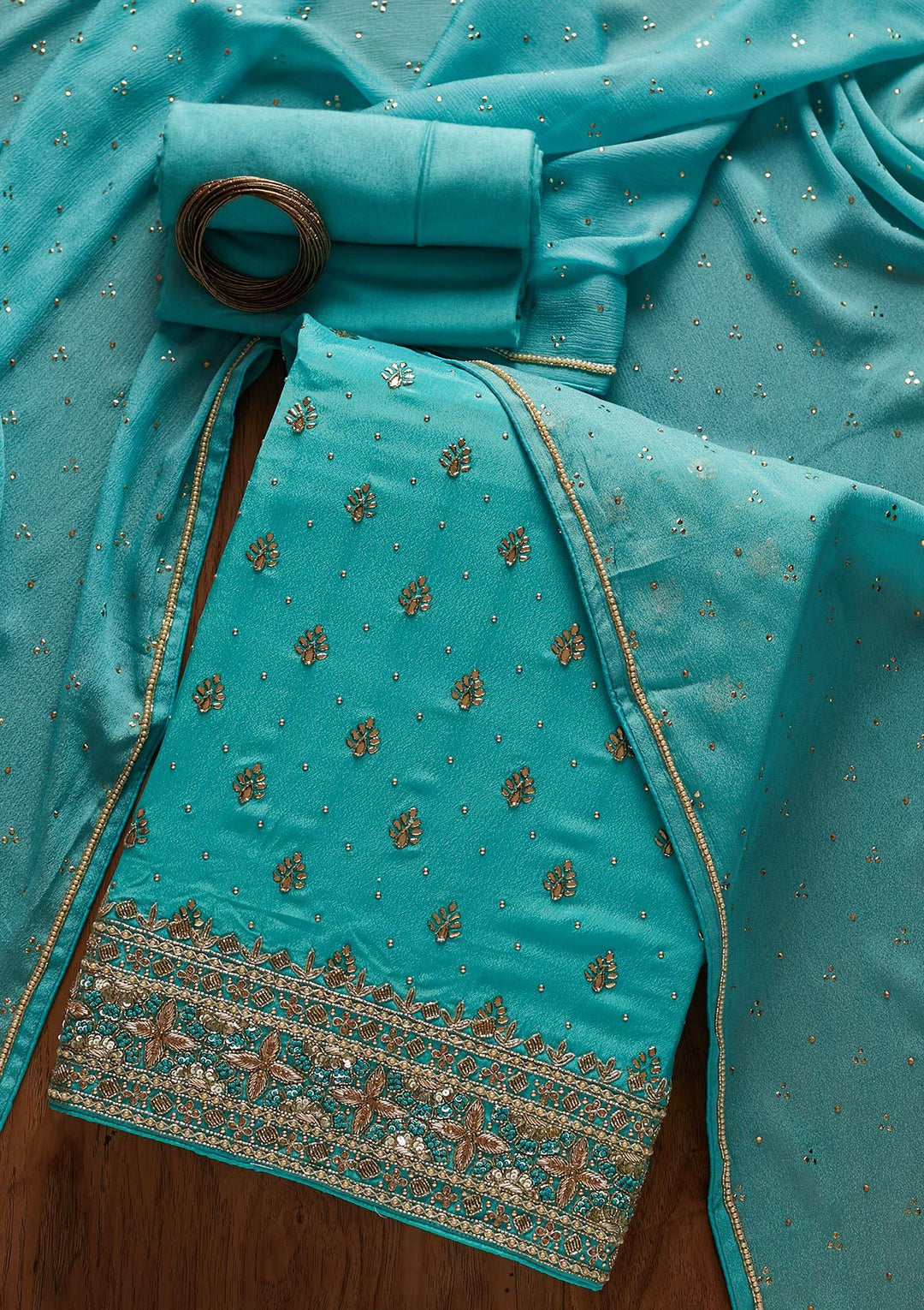 Sea Green Badla Semi Crepe Designer Unstitched Salwar Suit - koskii