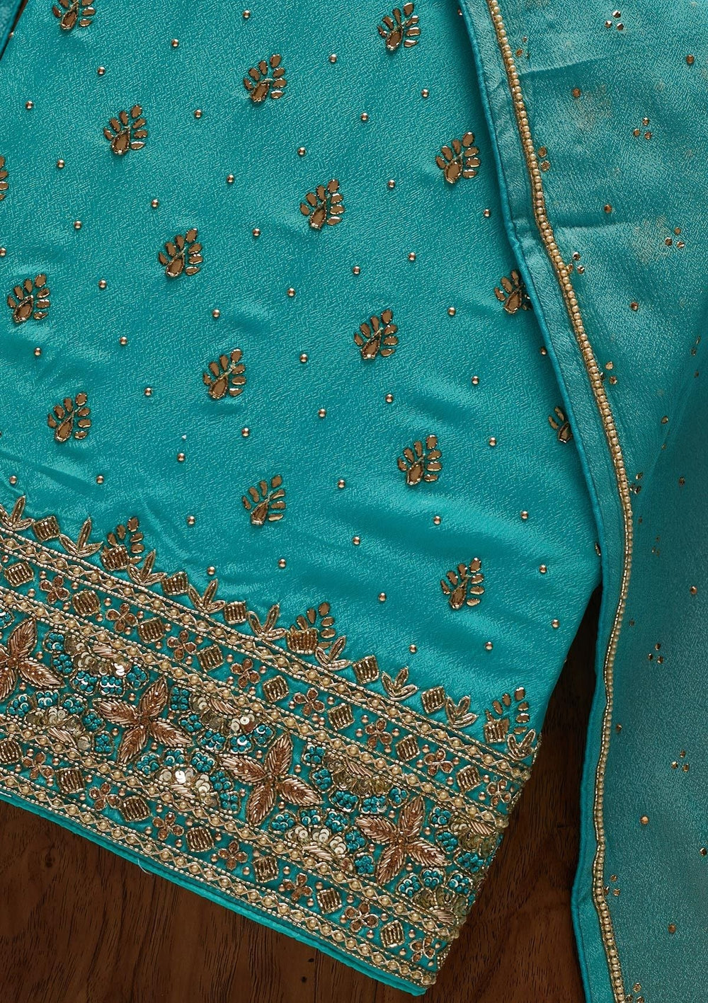 Sea Green Badla Semi Crepe Designer Unstitched Salwar Suit - koskii
