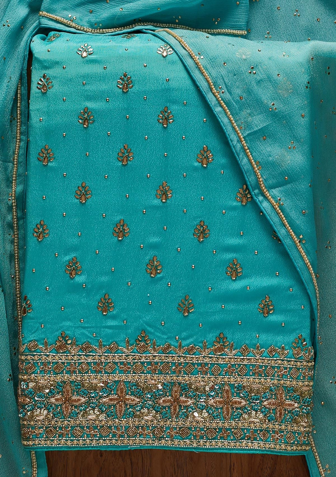 Sea Green Badla Semi Crepe Designer Unstitched Salwar Suit - koskii