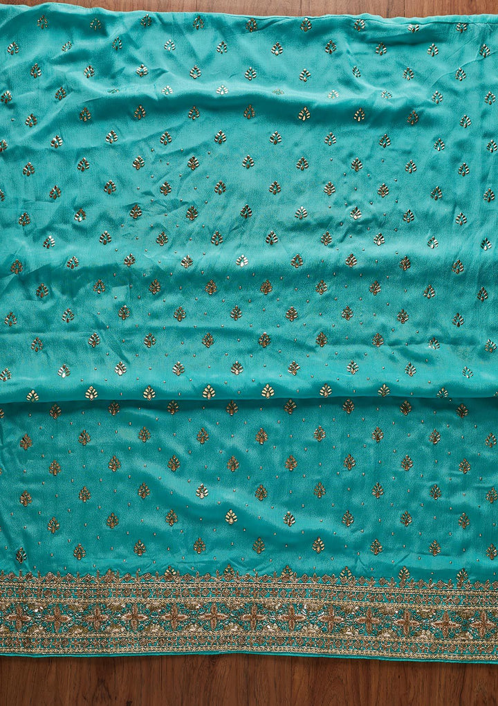 Sea Green Badla Semi Crepe Designer Unstitched Salwar Suit - koskii