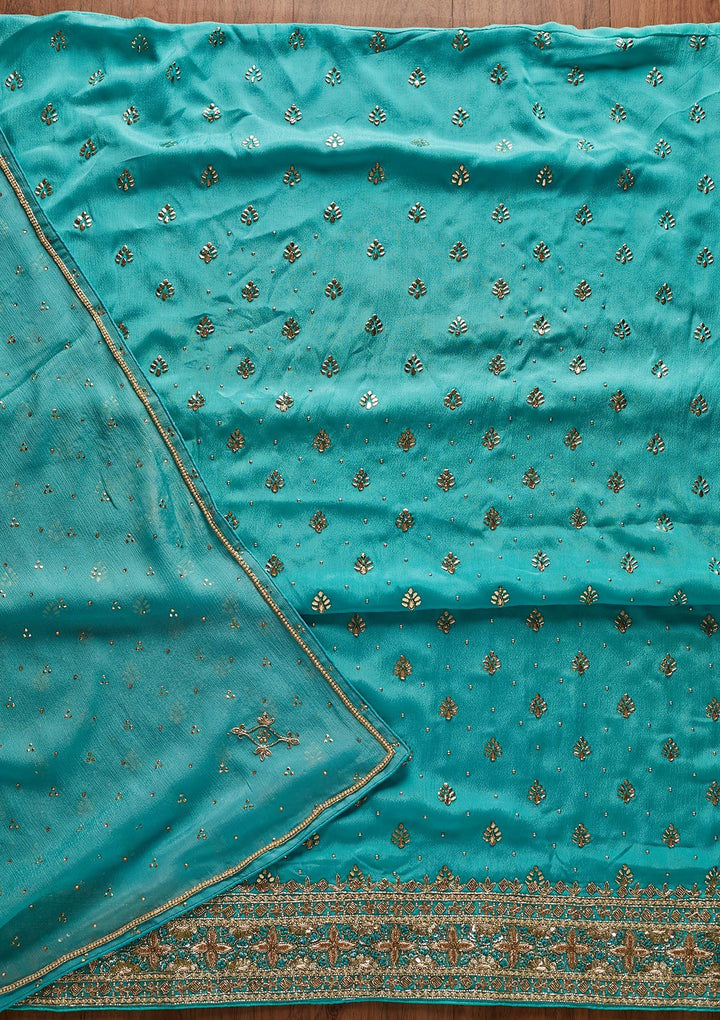 Sea Green Badla Semi Crepe Designer Unstitched Salwar Suit - koskii
