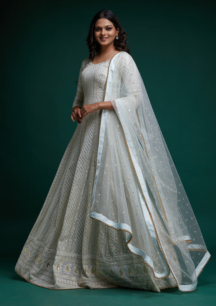 Sea Green Chikankari Georgette Designer Anarkali Suit- Koskii