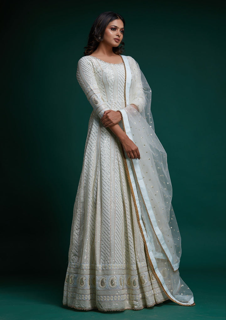 Sea Green Chikankari Georgette Designer Anarkali Suit - Koskii