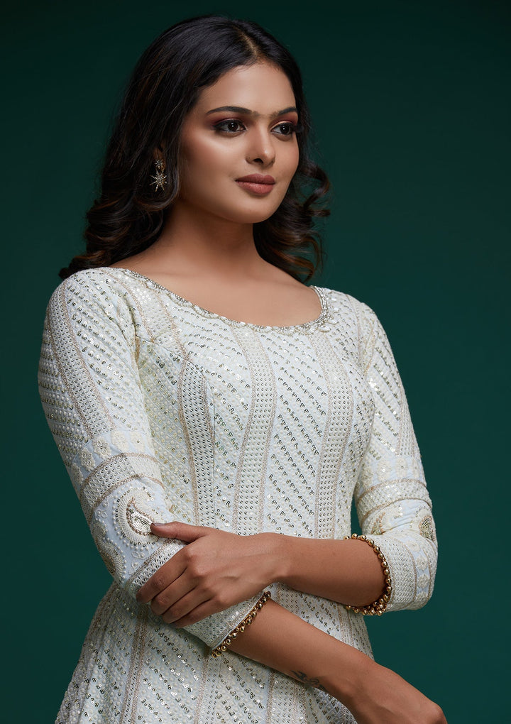 Sea Green Chikankari Georgette Designer Anarkali Suit - Koskii