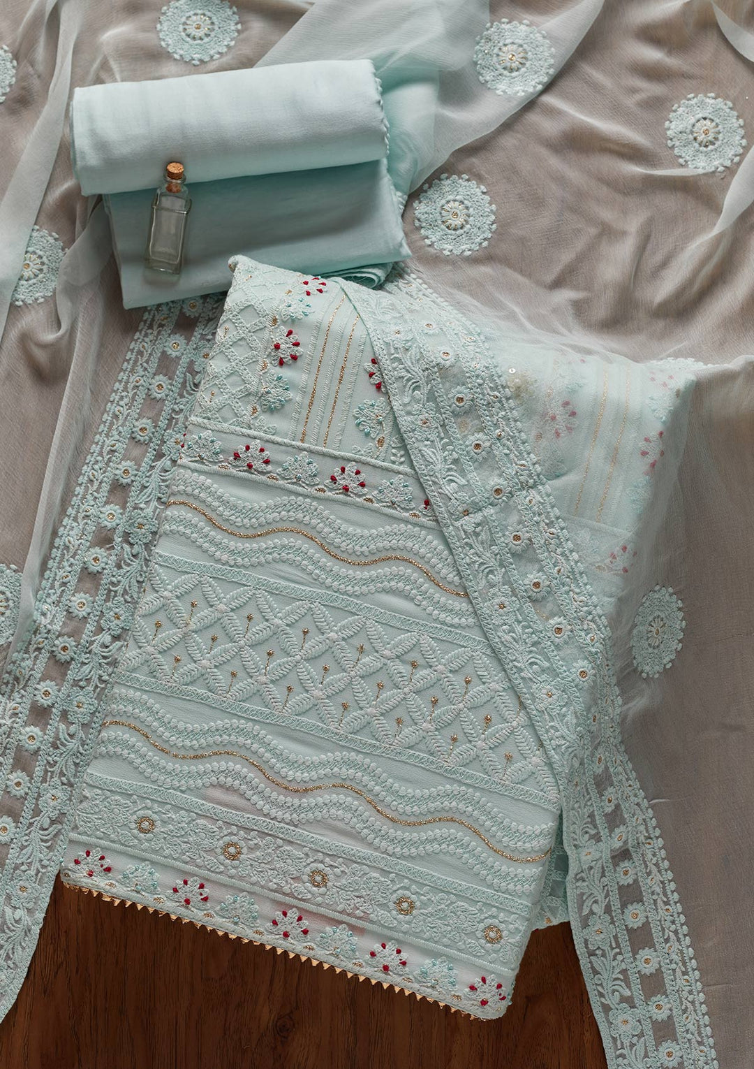 Sea Green Chikankari Georgette Designer Unstitched Salwar Suit - koskii