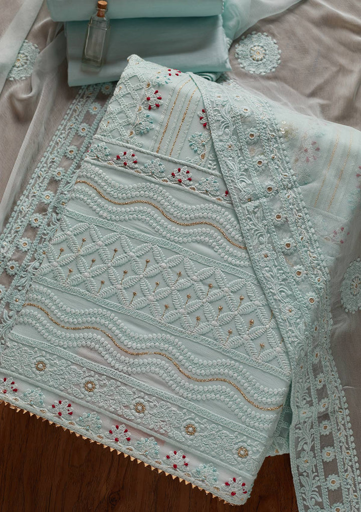Sea Green Chikankari Georgette Designer Unstitched Salwar Suit - koskii