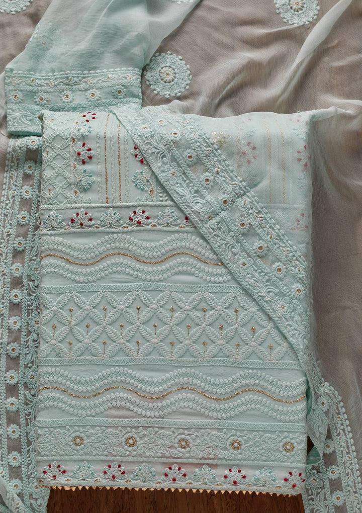 Sea Green Chikankari Georgette Designer Unstitched Salwar Suit - koskii