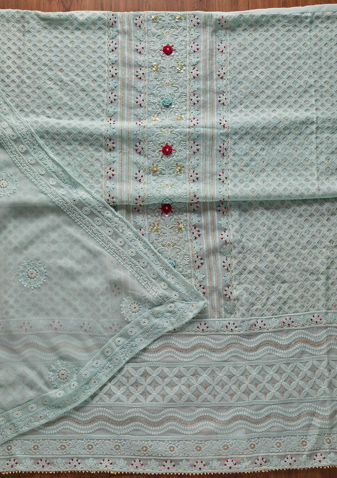 Sea Green Chikankari Georgette Designer Unstitched Salwar Suit - koskii