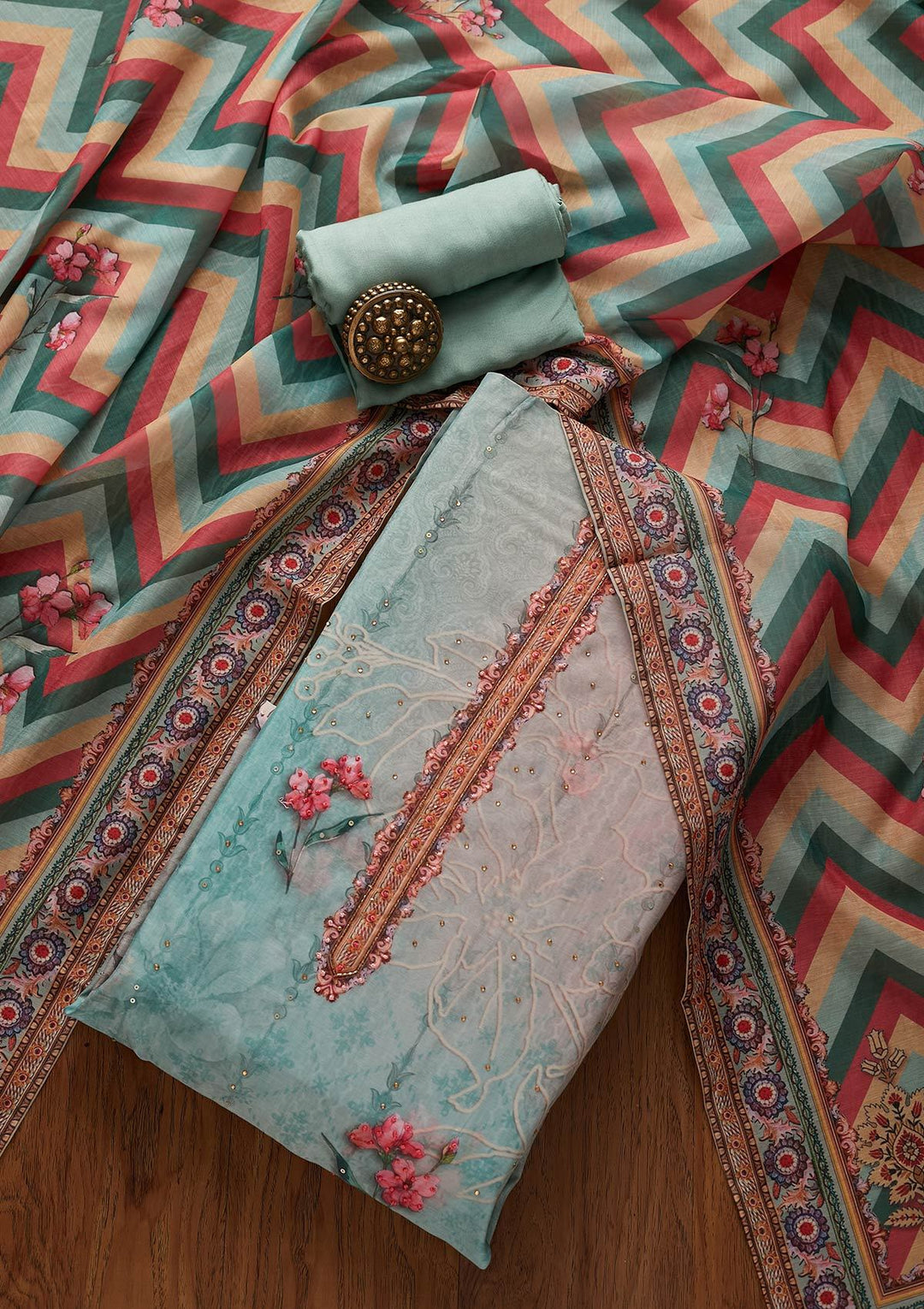Sea Green Cutdana Art Silk Designer Unstitched Salwar Suit - koskii