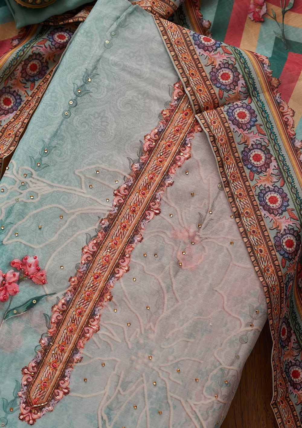 Sea Green Cutdana Art Silk Designer Unstitched Salwar Suit - koskii