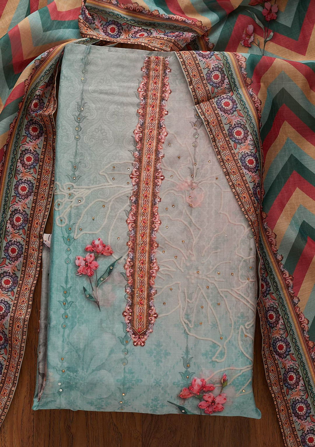 Sea Green Cutdana Art Silk Designer Unstitched Salwar Suit - koskii