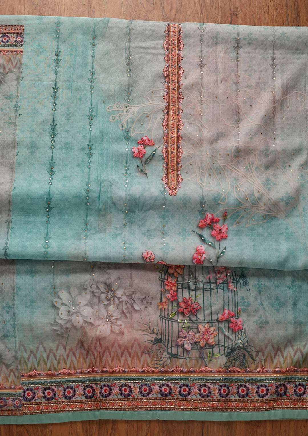 Sea Green Cutdana Art Silk Designer Unstitched Salwar Suit - koskii