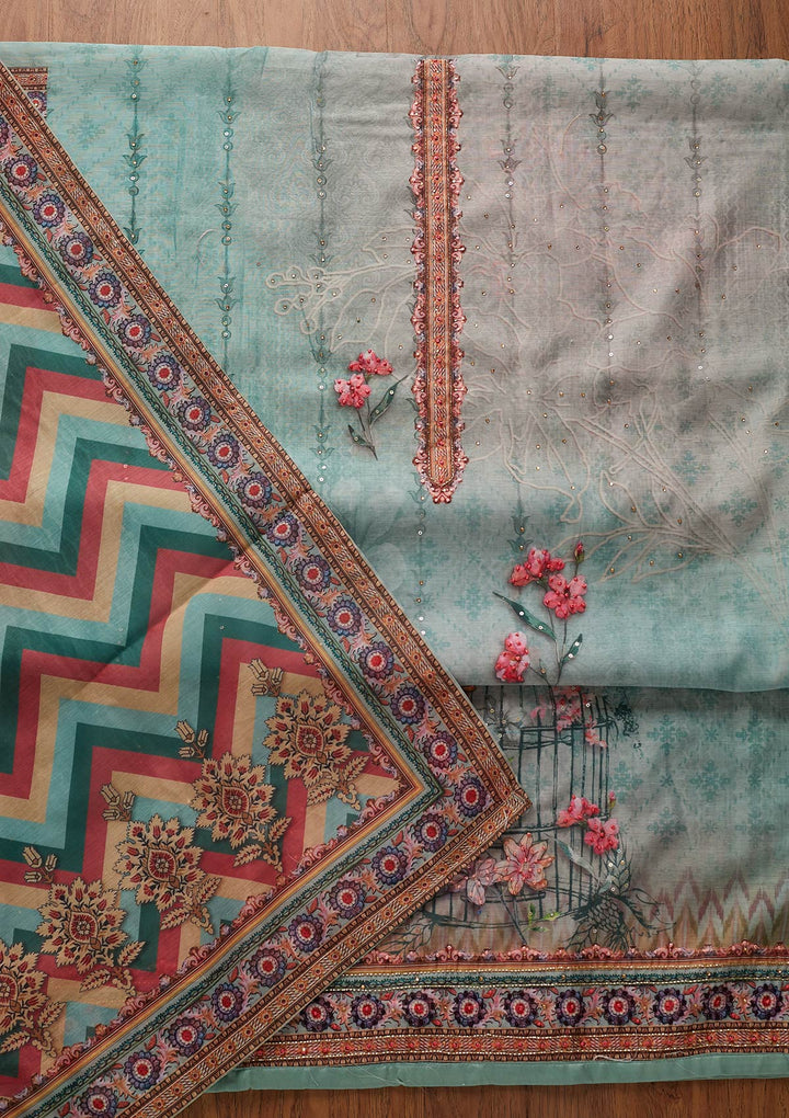 Sea Green Cutdana Art Silk Designer Unstitched Salwar Suit - koskii