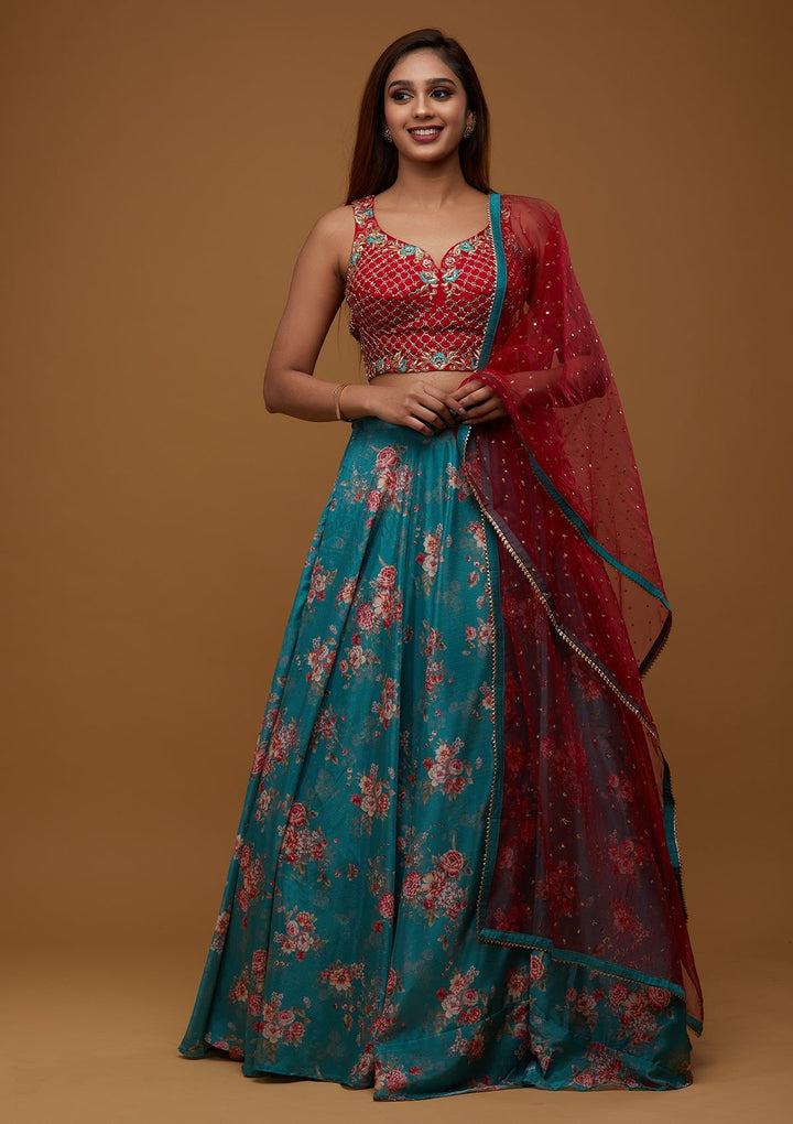 Sea Green Cutdana Chiffon Designer Lehenga - Koskii