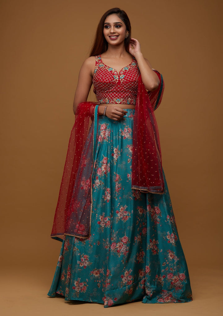 Sea Green Cutdana Chiffon Designer Lehenga - Koskii