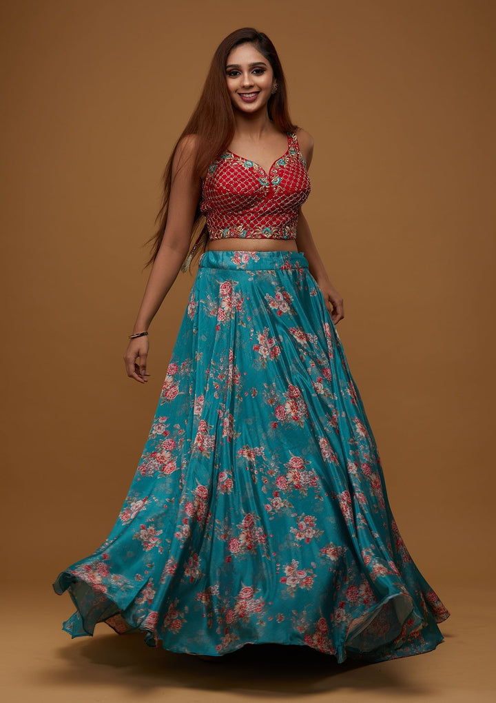 Sea Green Cutdana Chiffon Designer Lehenga - Koskii