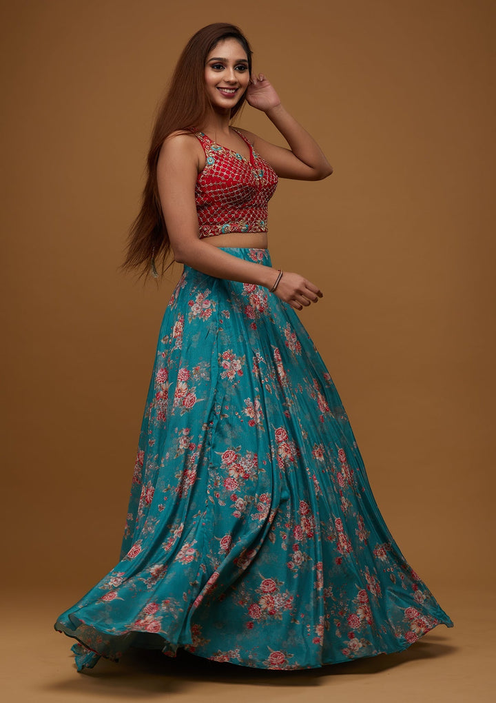 Sea Green Cutdana Chiffon Designer Lehenga - Koskii