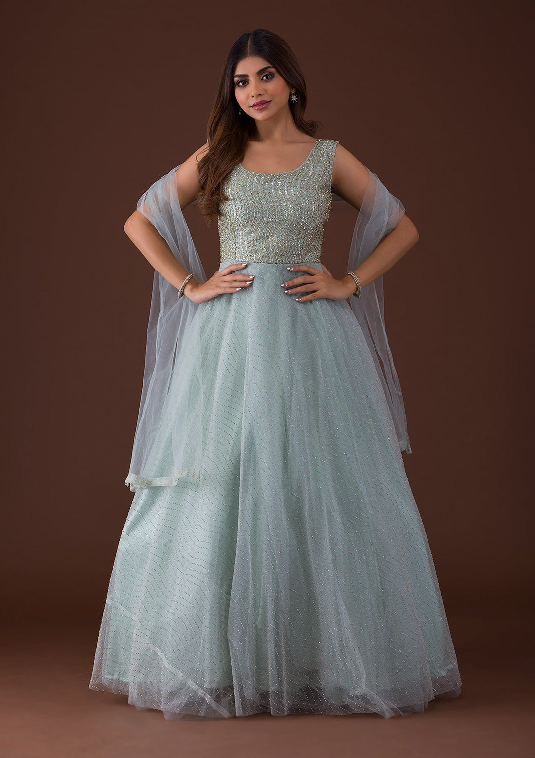 Sea Green Cutdana Net Gown-Koskii
