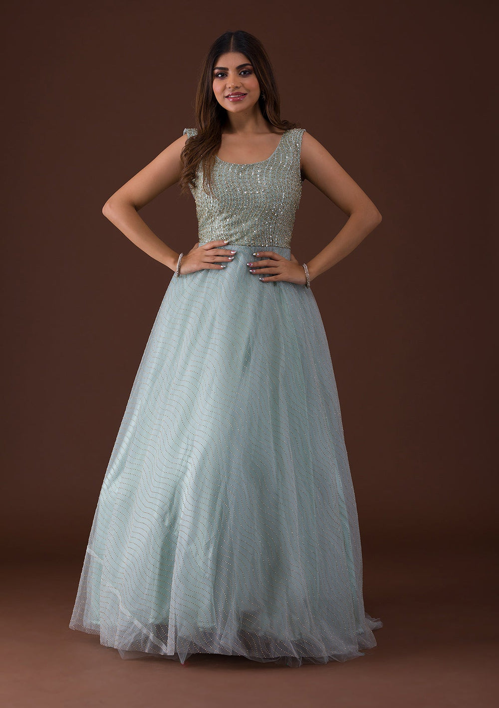 Sea Green Cutdana Net Gown-Koskii