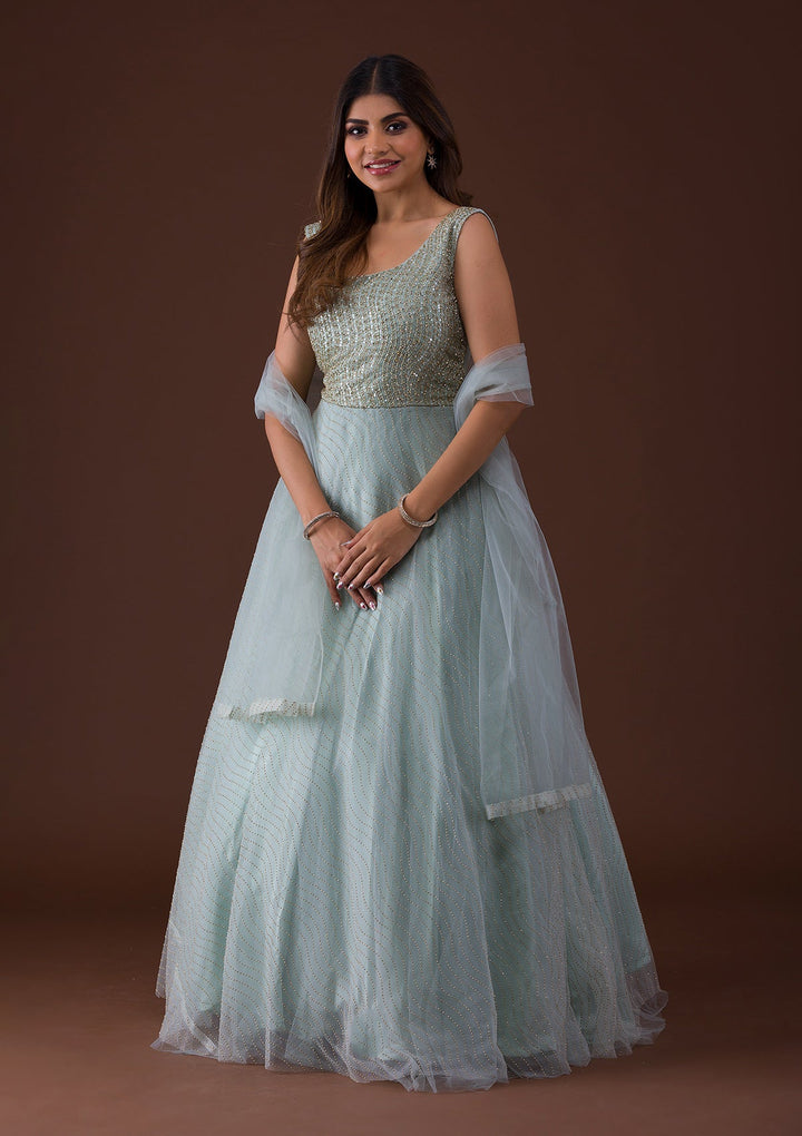 Sea Green Cutdana Net Gown-Koskii