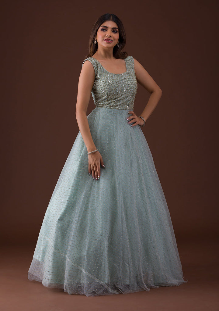 Sea Green Cutdana Net Gown-Koskii