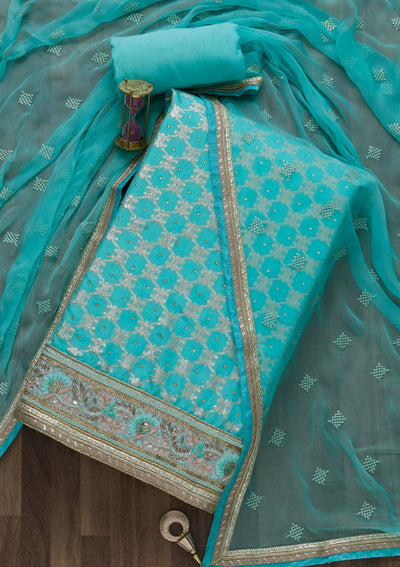 Sea Green Gotapatti Art Silk Unstitched Salwar Suit-Koskii