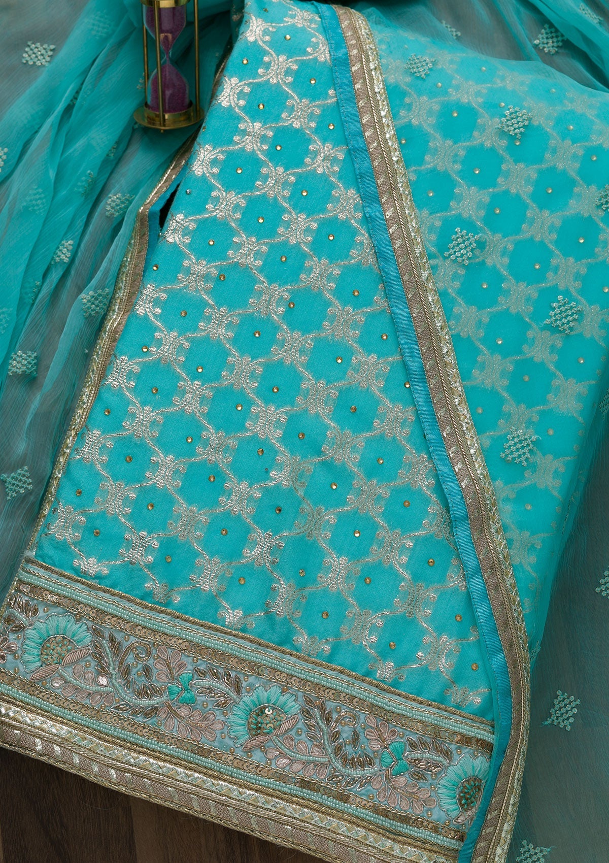 Sea Green Gotapatti Art Silk Unstitched Salwar Suit-Koskii