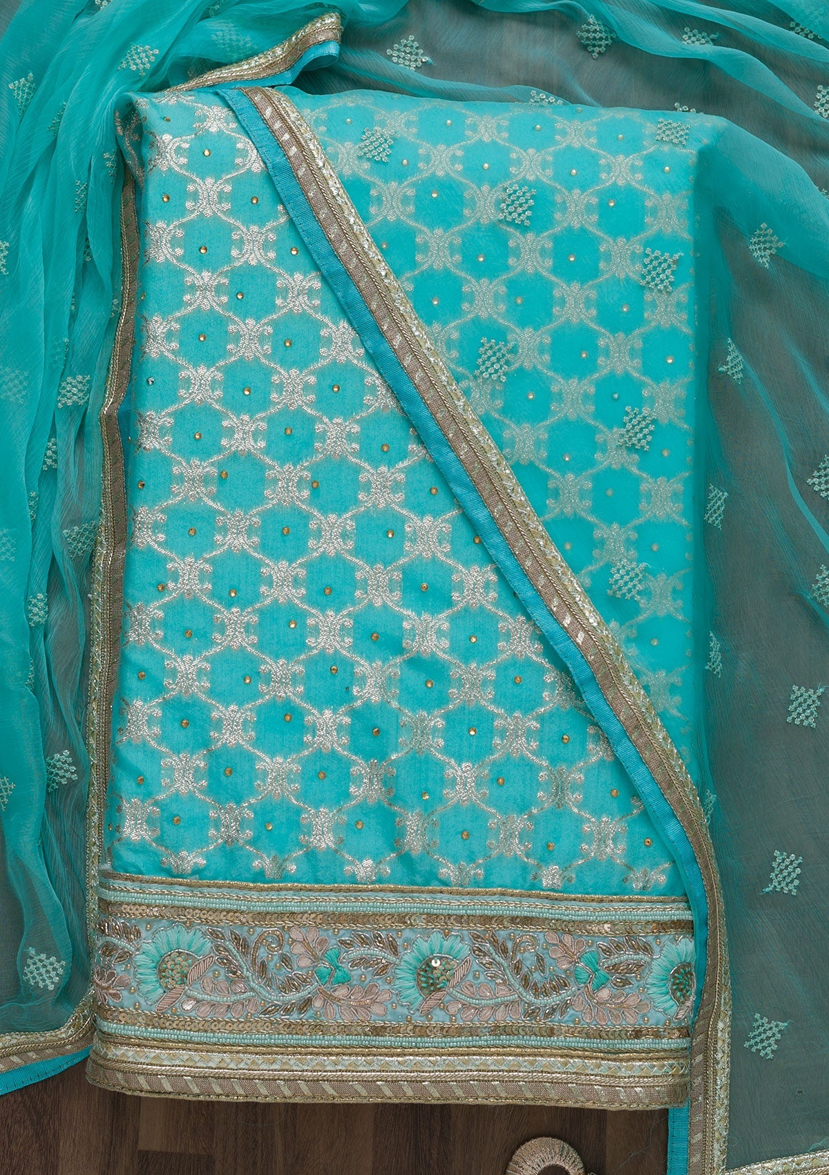 Sea Green Gotapatti Art Silk Unstitched Salwar Suit-Koskii