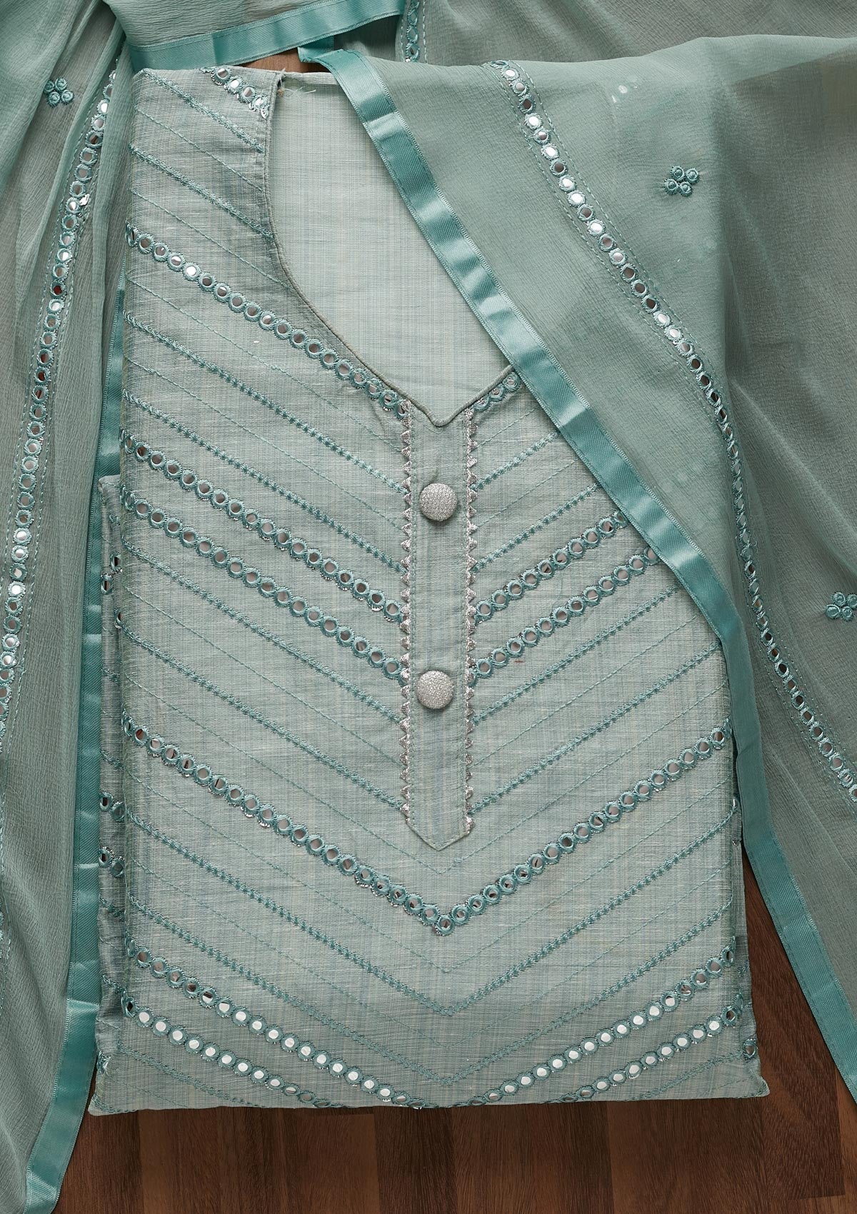 Sea Green Gotapatti Chanderi Unstitched Salwar Suit-Koskii