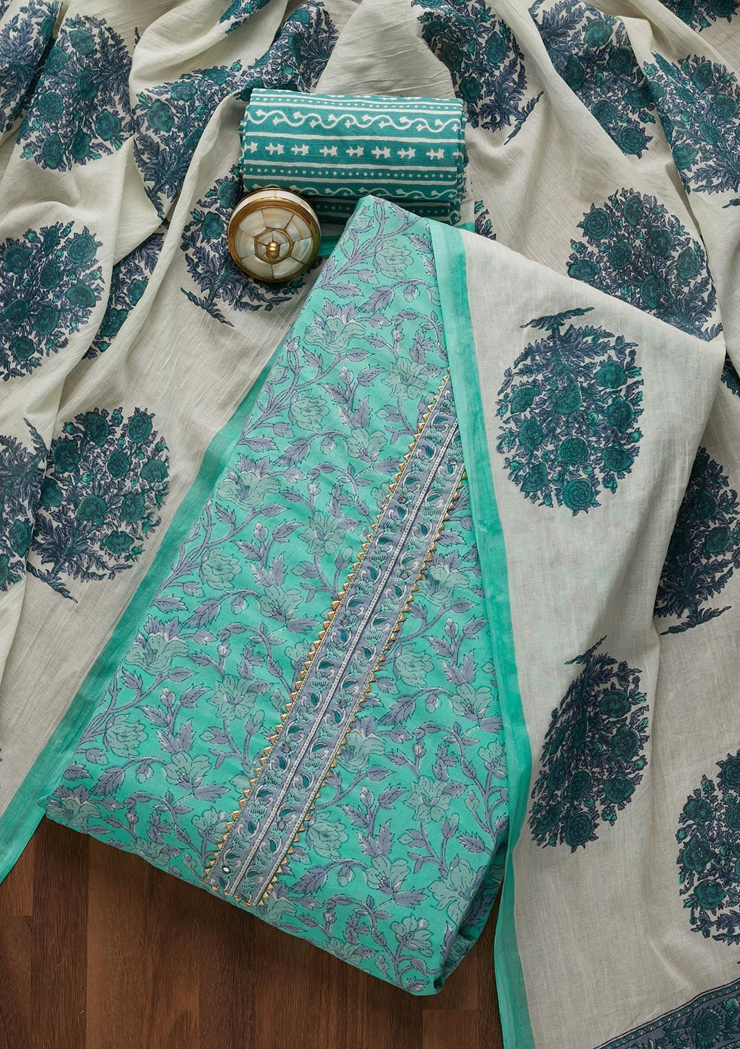 Sea Green Gotapatti Cotton Unstitched Salwar Suit-Koskii