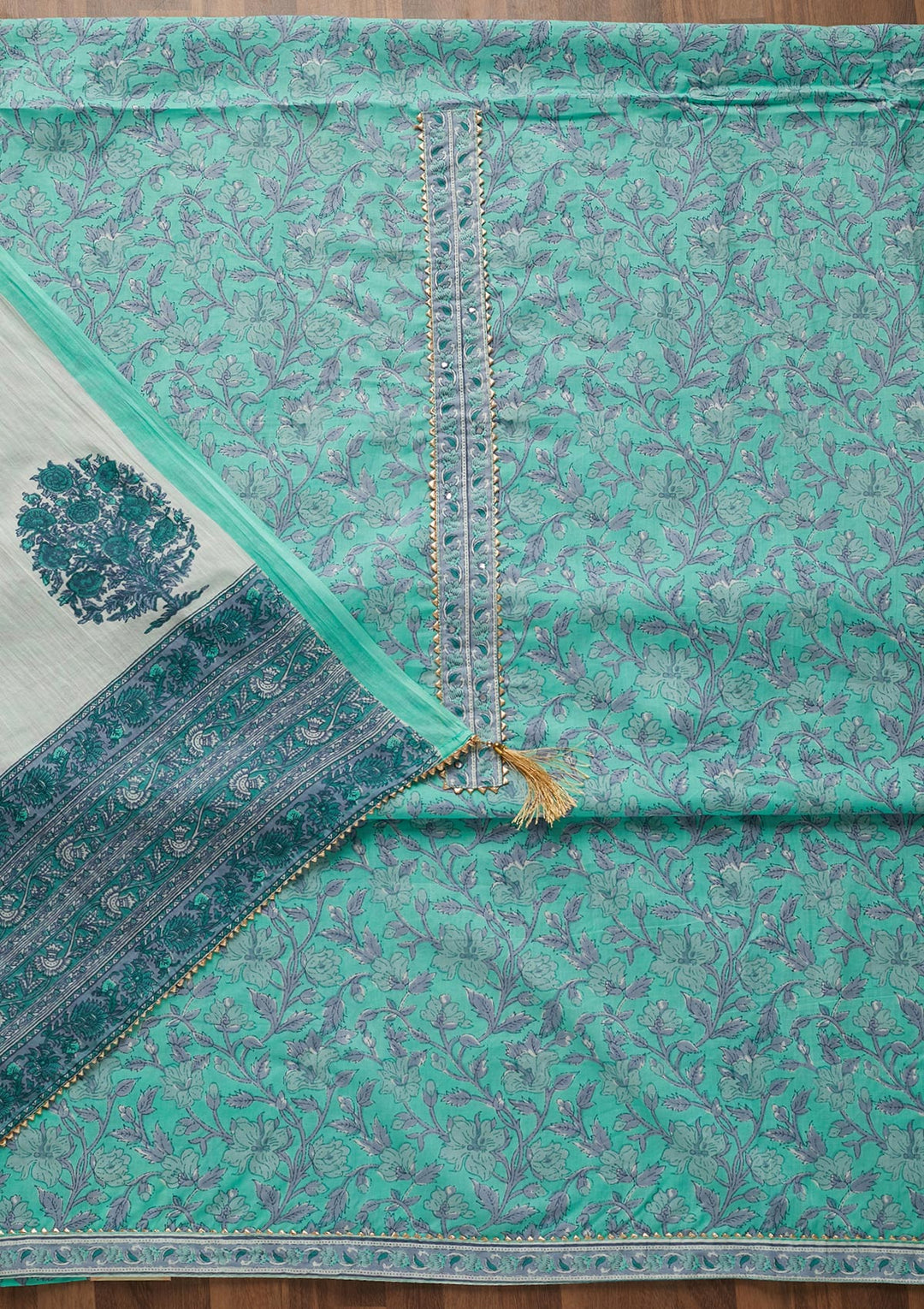 Sea Green Gotapatti Cotton Unstitched Salwar Suit-Koskii