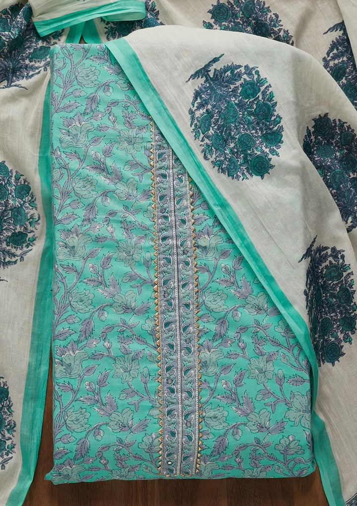 Sea Green Gotapatti Cotton Unstitched Salwar Suit-Koskii