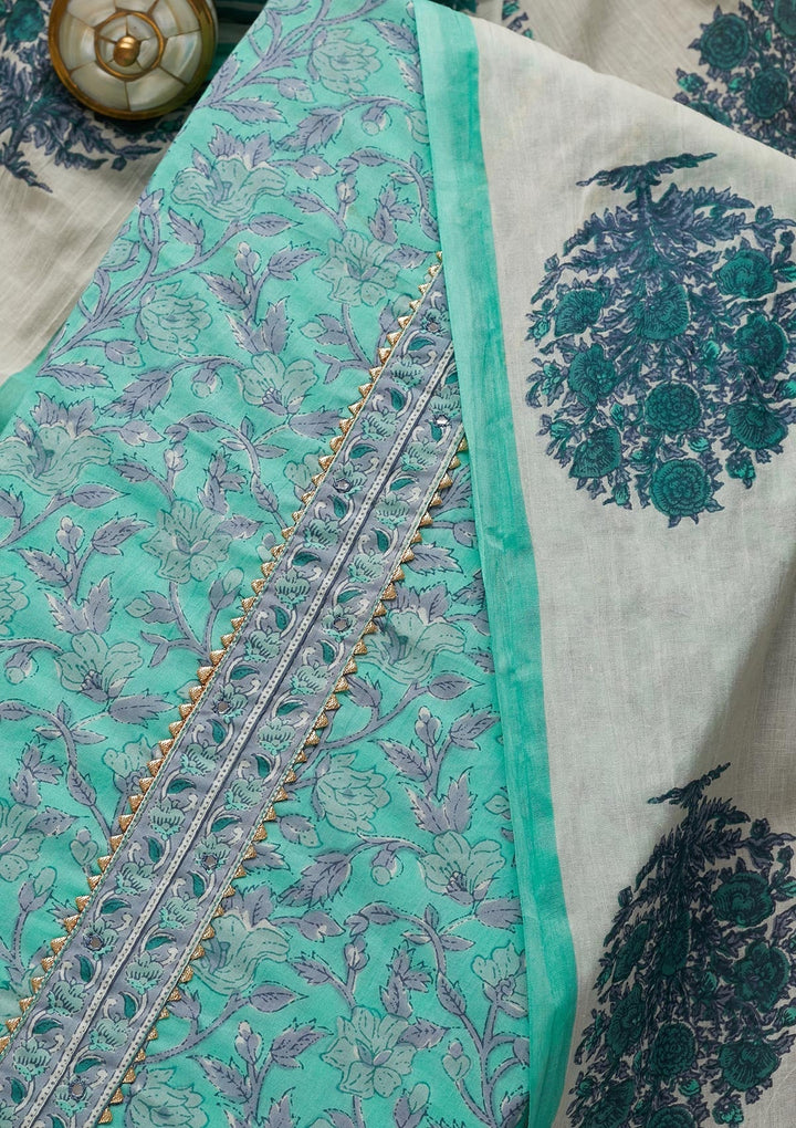 Sea Green Gotapatti Cotton Unstitched Salwar Suit-Koskii