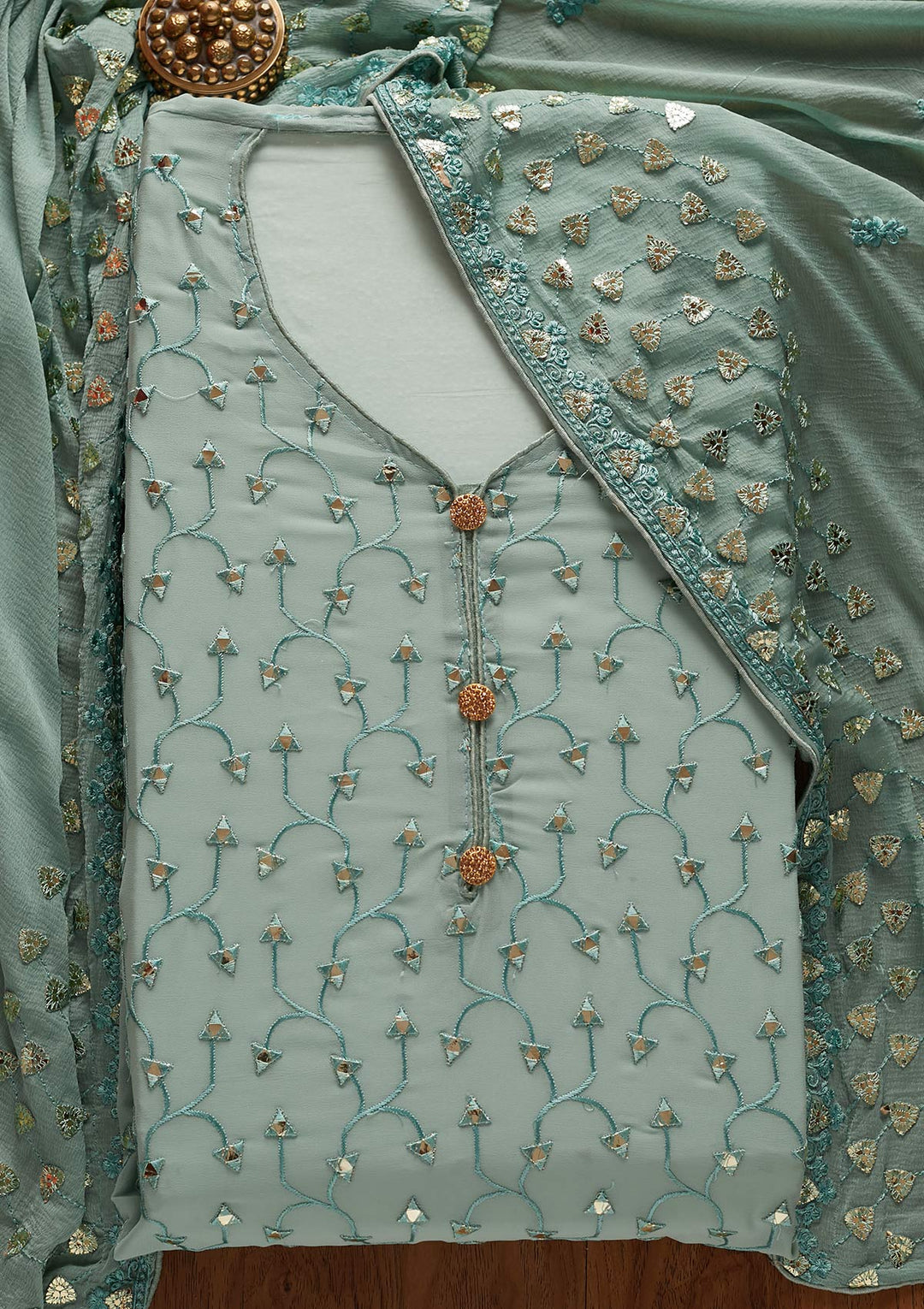 Sea Green Gotapatti Georgette Designer Unstitched Salwar Suit - koskii
