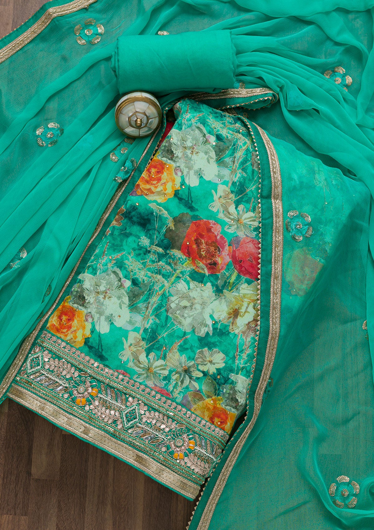 Sea Green Gotapatti Georgette Unstitched Salwar Suit-Koskii