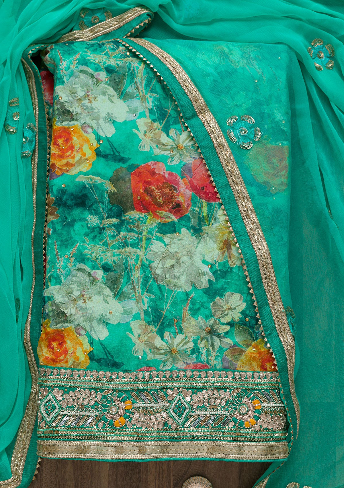 Sea Green Gotapatti Georgette Unstitched Salwar Suit-Koskii