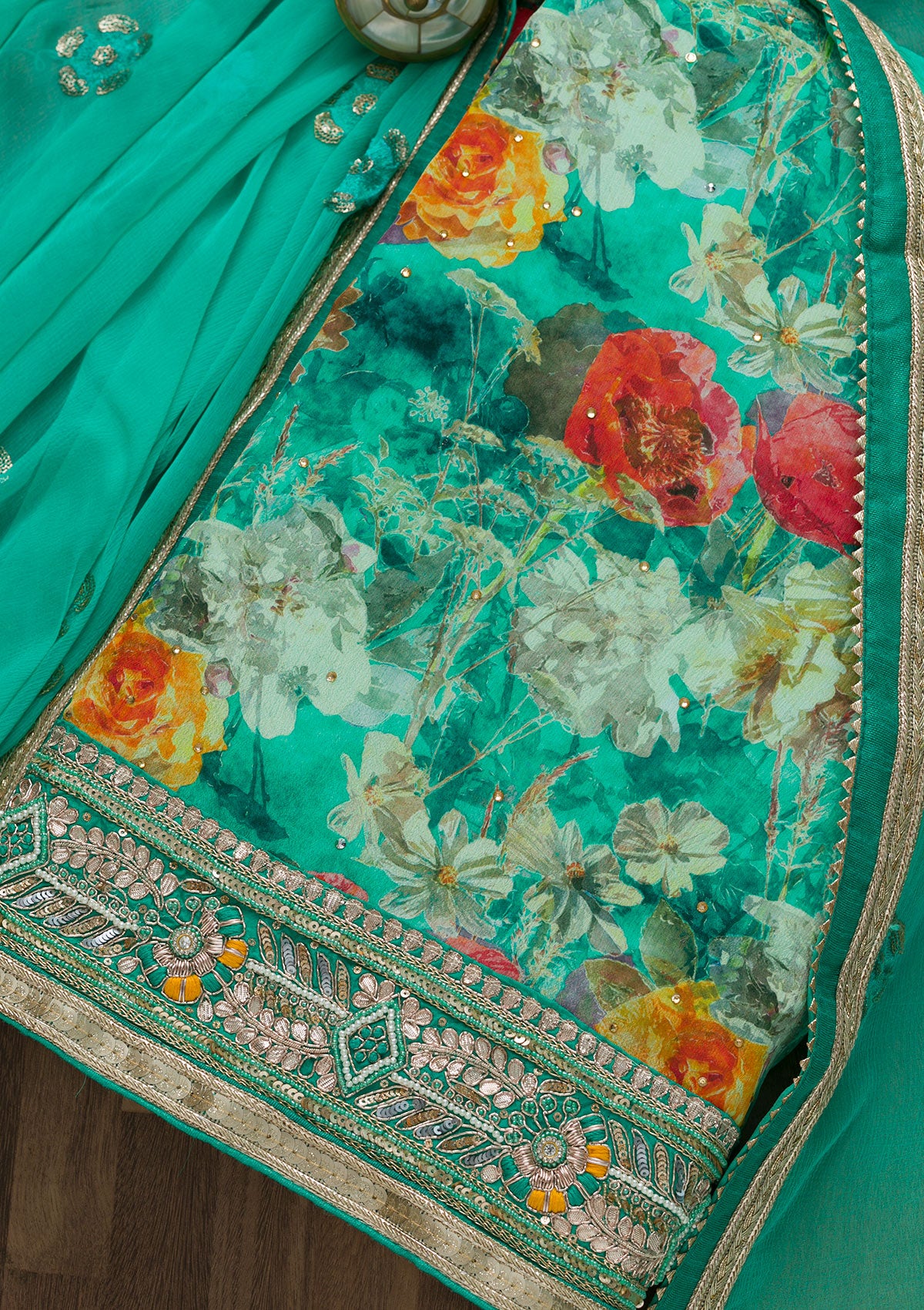 Sea Green Gotapatti Georgette Unstitched Salwar Suit-Koskii