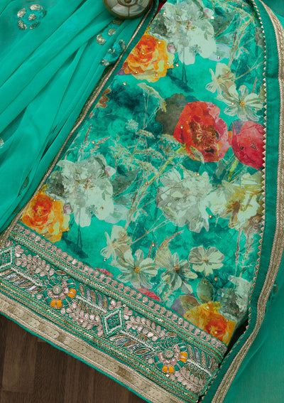 Sea Green Gotapatti Georgette Unstitched Salwar Suit-Koskii