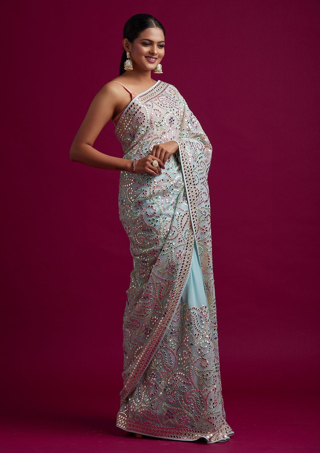 Sea Green Gotapatti Georgette Designer Saree - koskii