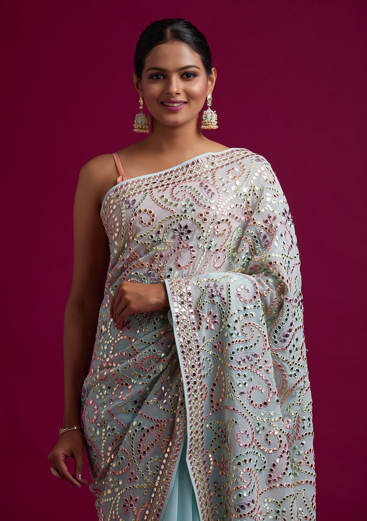 Sea Green Gotapatti Georgette Designer Saree - koskii