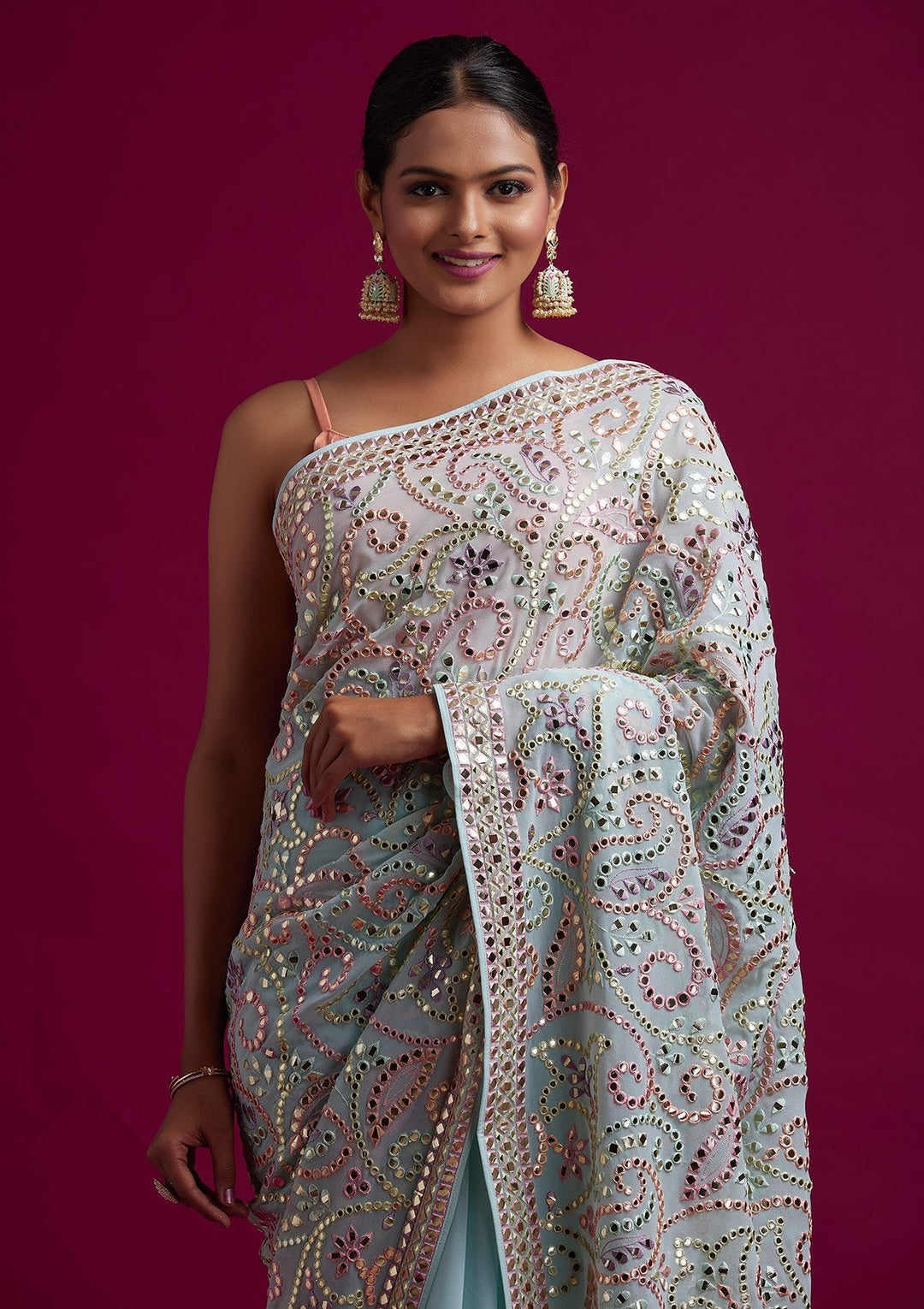 Sea Green Gotapatti Georgette Designer Saree - koskii