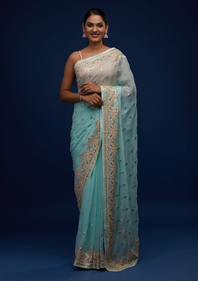 Sea Green Gotapatti Georgette Designer Saree - Koskii